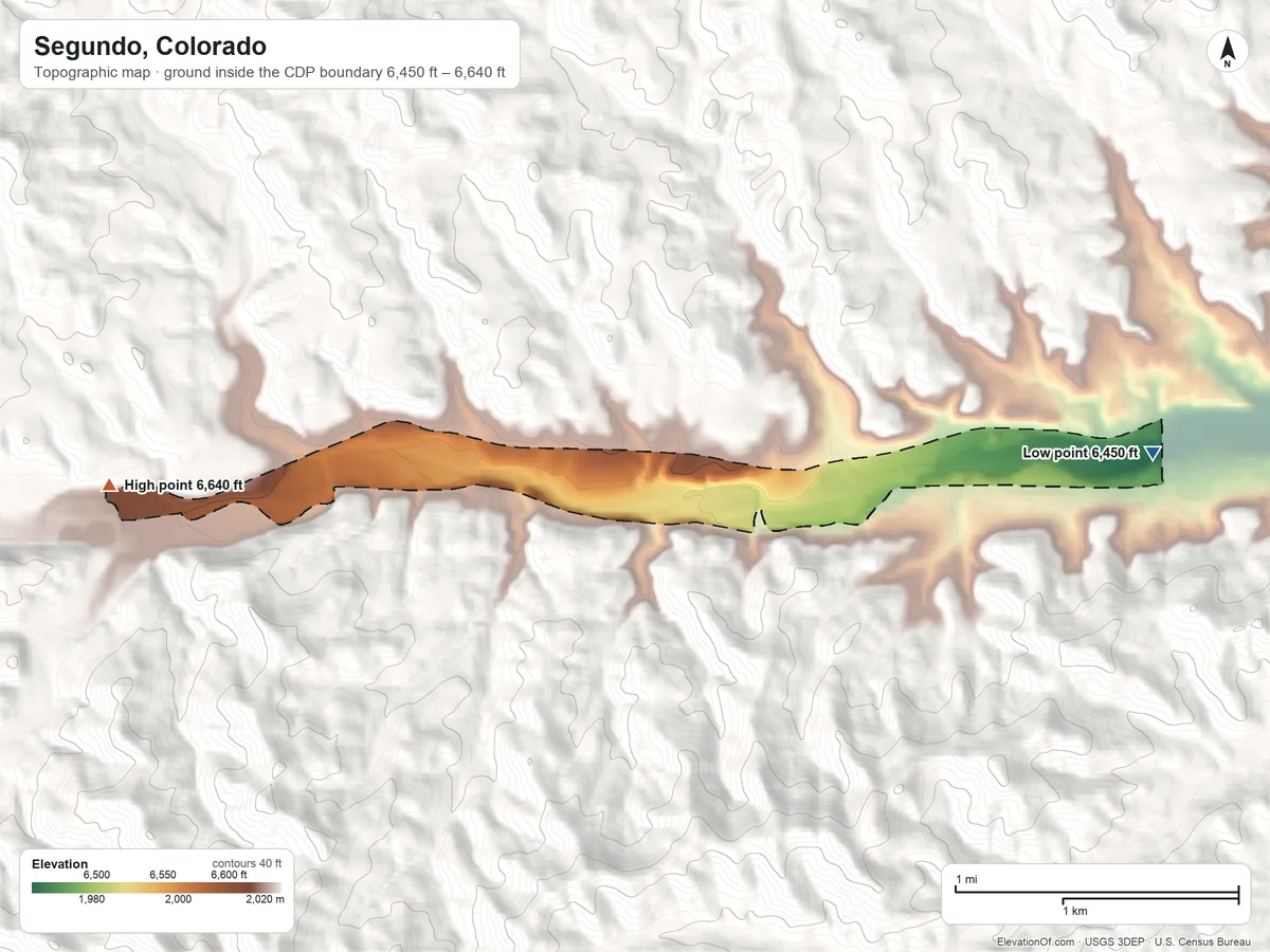 Topographic elevation map of Segundo, Colorado, shaded from 6,450 ft on the east side to 6,640 ft at the foot of the Ute Hills