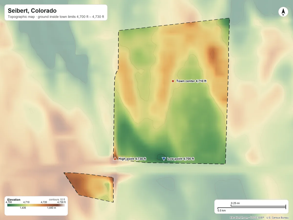 Topographic elevation map of Seibert, Colorado, shaded from 4,700 ft on the south side to 4,730 ft on the southwest side