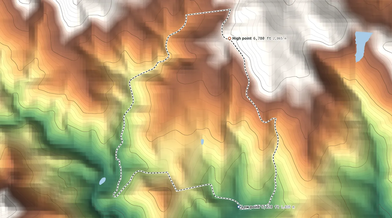 Topographic elevation map of Seven Hills, Colorado, shaded from 6,020 ft on the southeast side to 6,780 ft on the northeast edge, below higher ground just outside