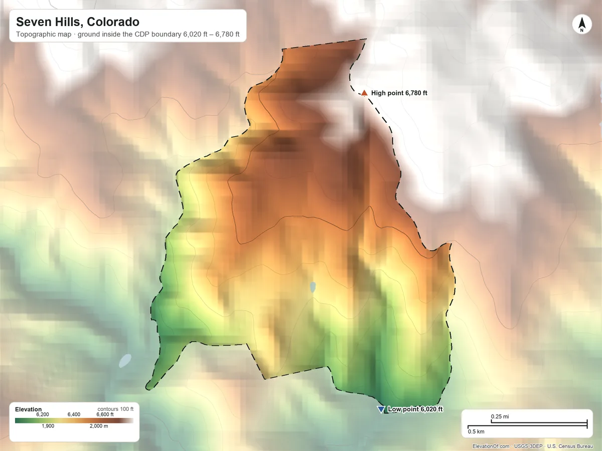 Topographic elevation map of Seven Hills, Colorado, shaded from 6,020 ft on the southeast side to 6,780 ft on the northeast edge, below higher ground just outside