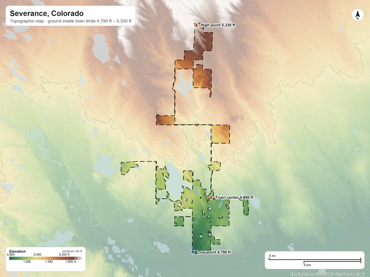 Topographic elevation map of Severance, Colorado, shaded from 4,790 ft on the south side to 5,330 ft on the north side