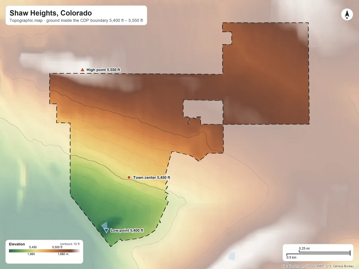 Topographic elevation map of Shaw Heights, Colorado, shaded from 5,400 ft on the southwest side to 5,550 ft on the northwest side