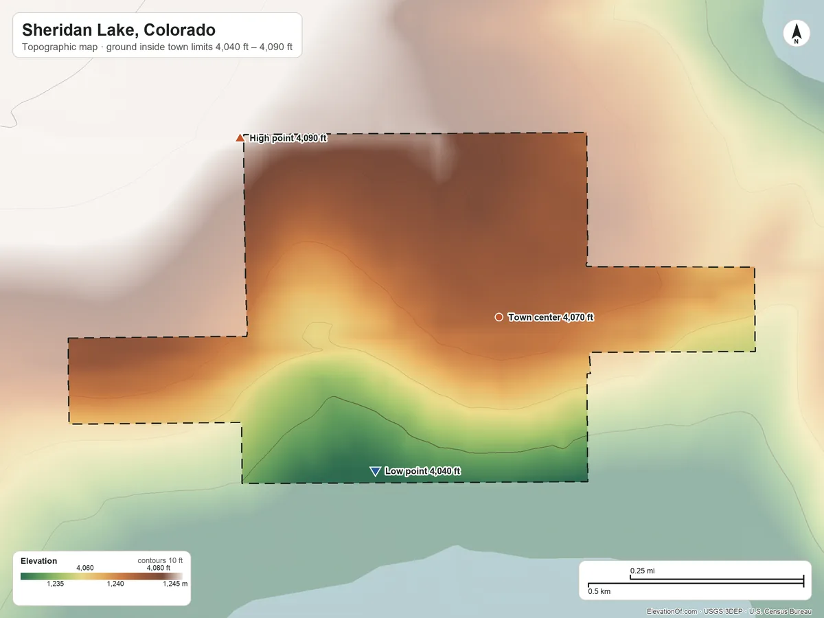 Topographic elevation map of Sheridan Lake, Colorado, shaded from 4,040 ft on the southwest side to 4,090 ft on the northwest side