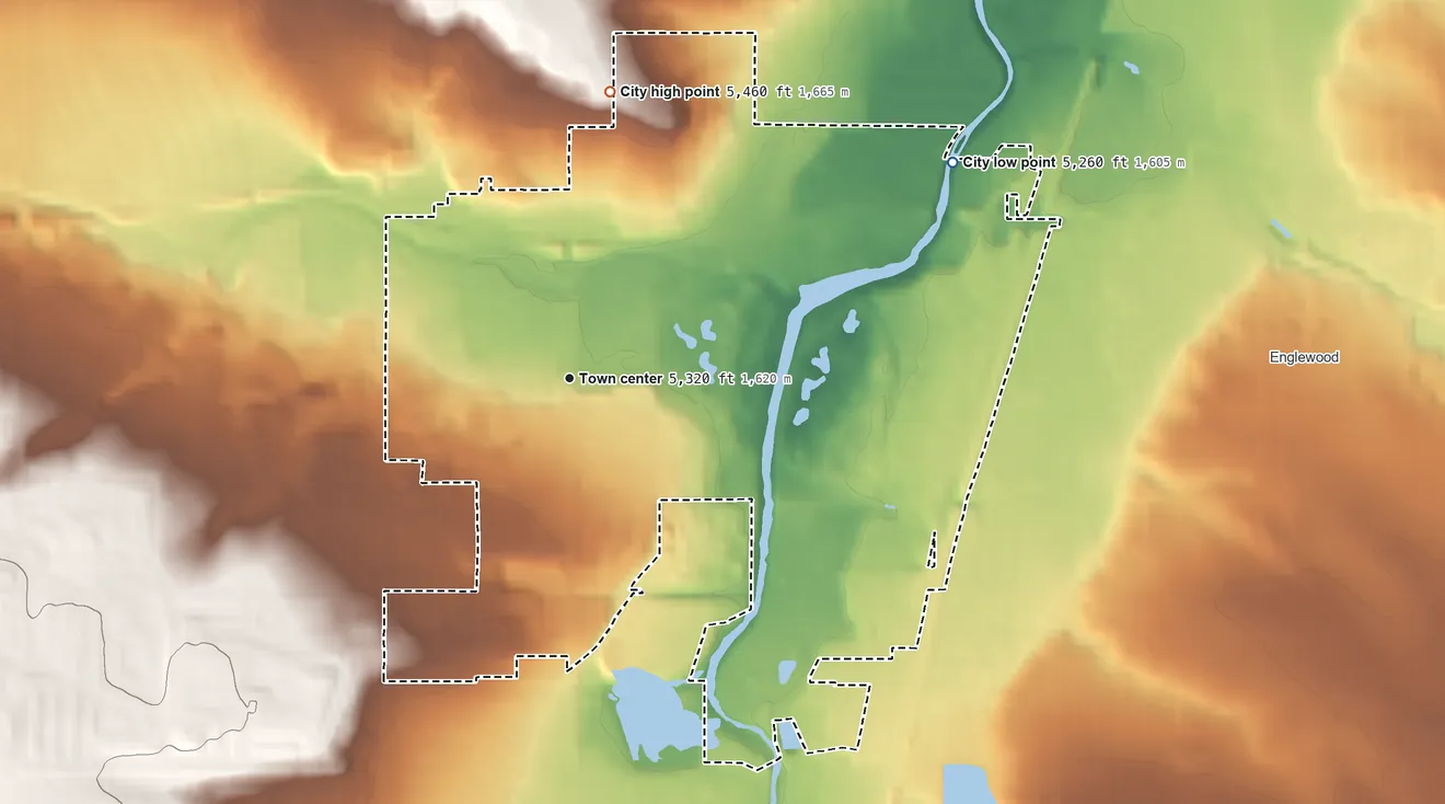 Topographic elevation map of Sheridan, Colorado, shaded from 5,260 ft on the northeast side to 5,460 ft on the north side