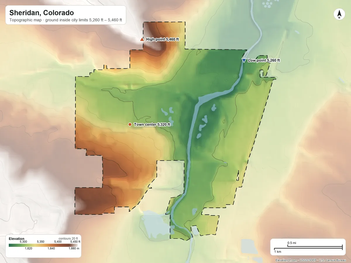 Topographic elevation map of Sheridan, Colorado, shaded from 5,260 ft on the northeast side to 5,460 ft on the north side