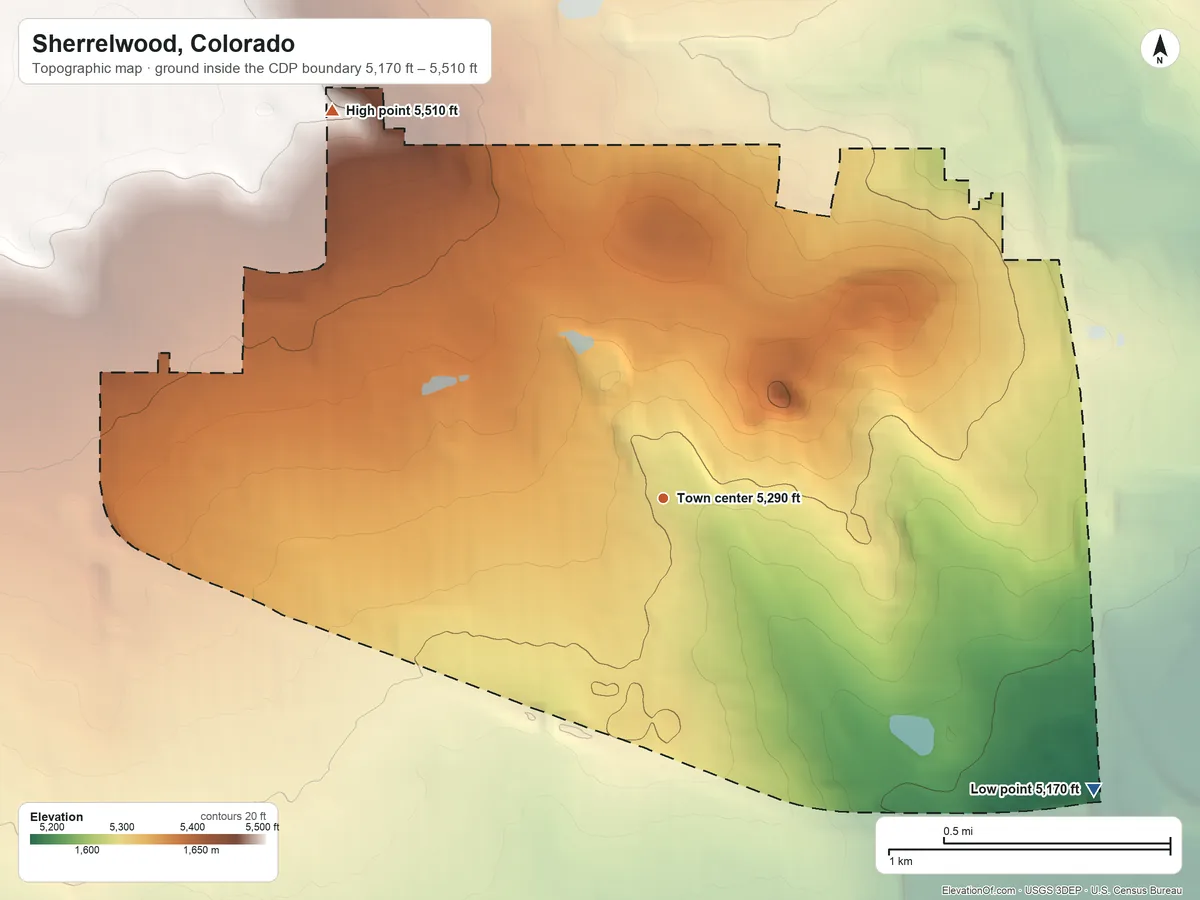 Topographic elevation map of Sherrelwood, Colorado, shaded from 5,170 ft on the southeast side to 5,510 ft on the northwest side