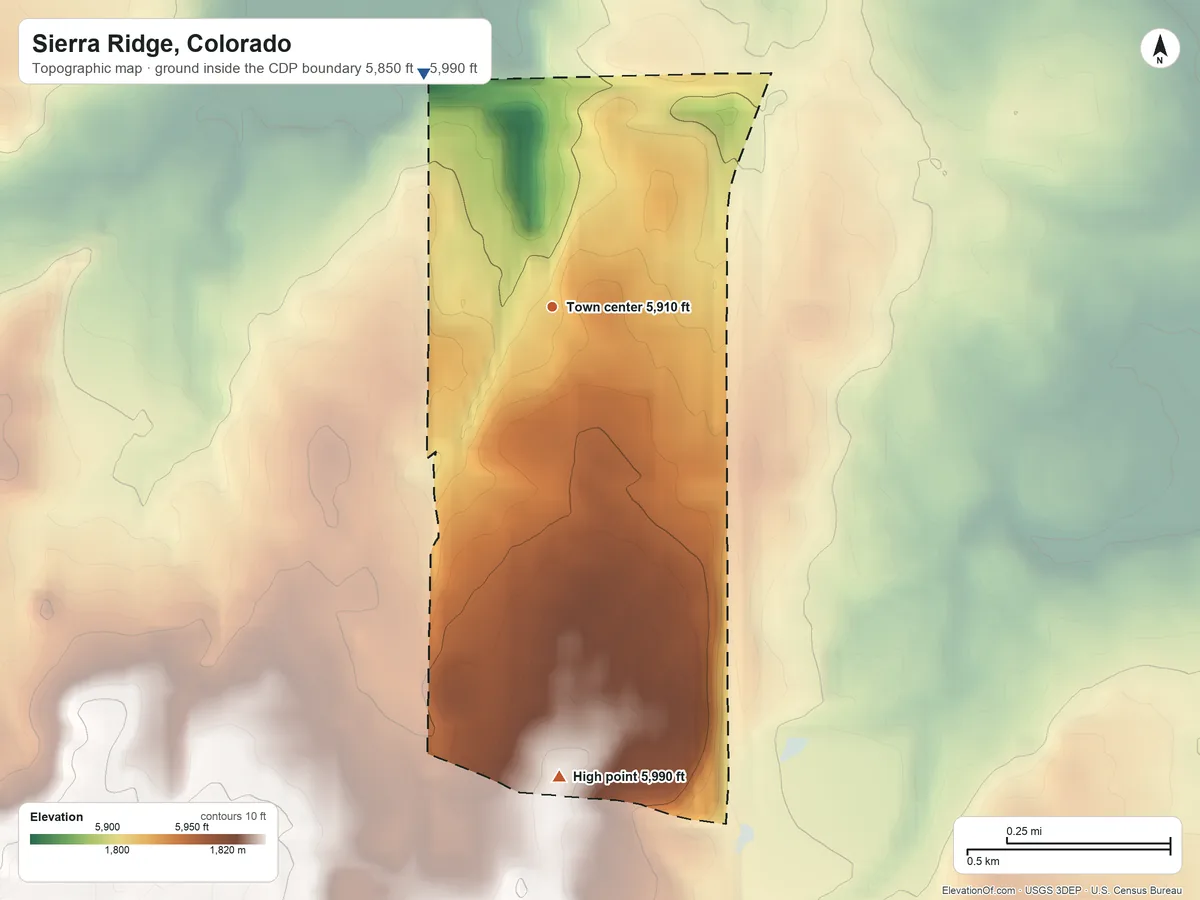 Topographic elevation map of Sierra Ridge, Colorado, shaded from 5,850 ft on the northwest side to 5,990 ft on the south side