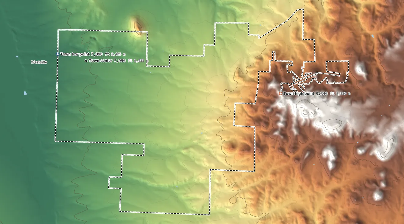 Topographic elevation map of Silver Cliff, Colorado, shaded from 7,890 ft near the middle to 9,340 ft at the foot of the Rosita Hills