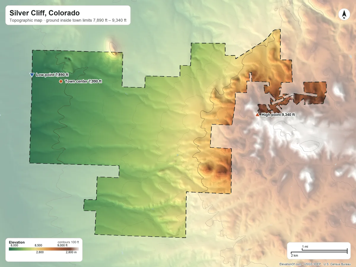 Topographic elevation map of Silver Cliff, Colorado, shaded from 7,890 ft near the middle to 9,340 ft at the foot of the Rosita Hills