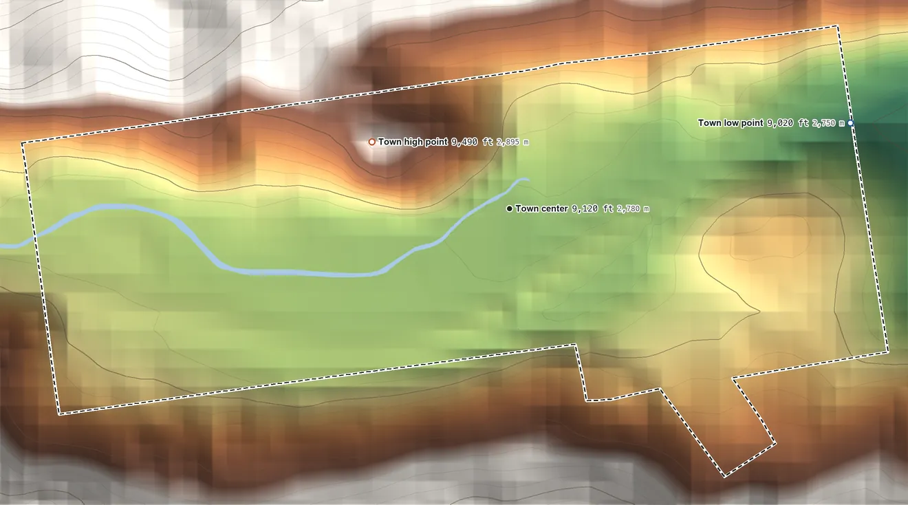 Topographic elevation map of Silver Plume, Colorado, shaded from 9,020 ft on the east side to 9,490 ft at the foot of the Front Range