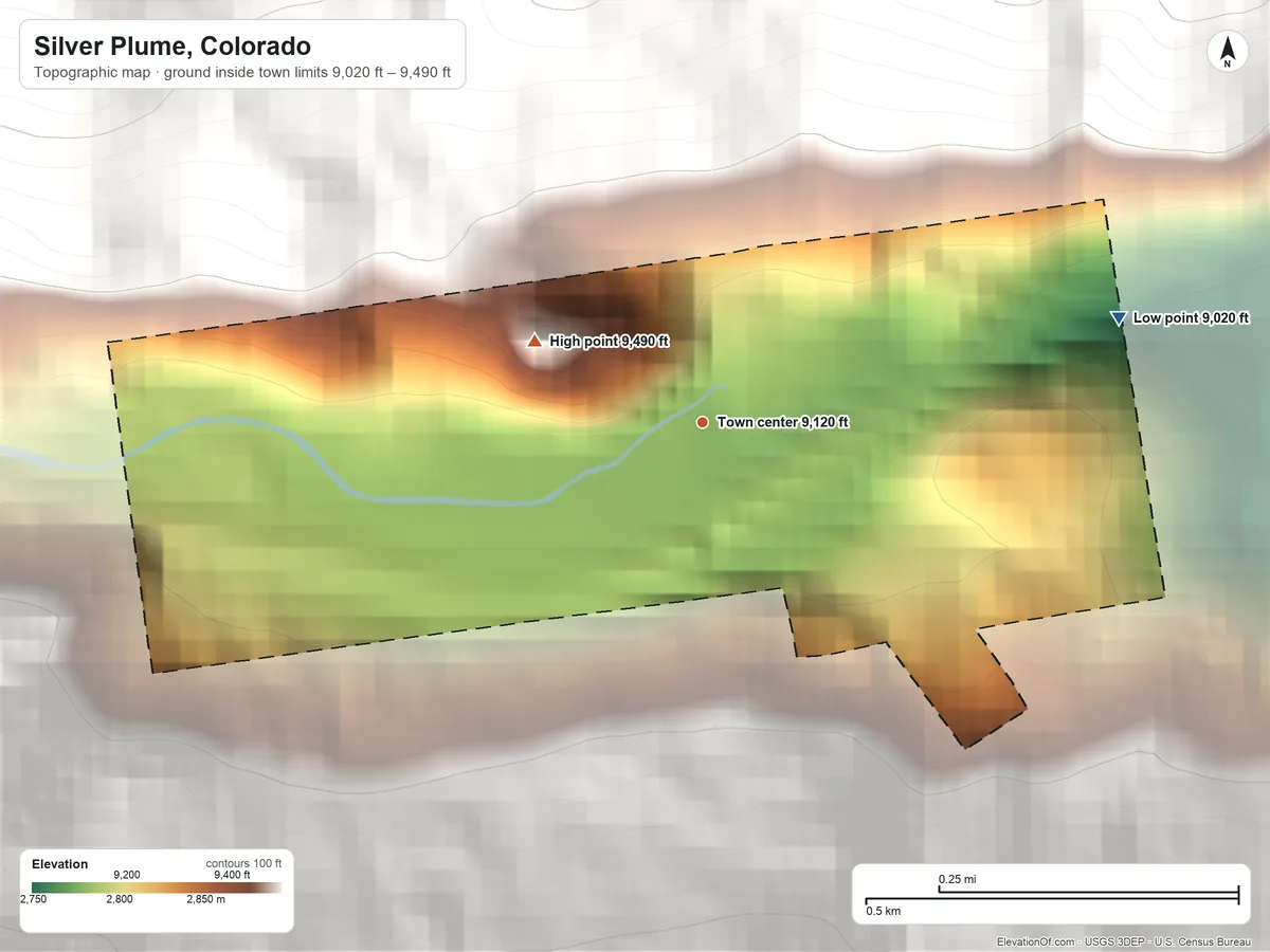 Topographic elevation map of Silver Plume, Colorado, shaded from 9,020 ft on the east side to 9,490 ft at the foot of the Front Range