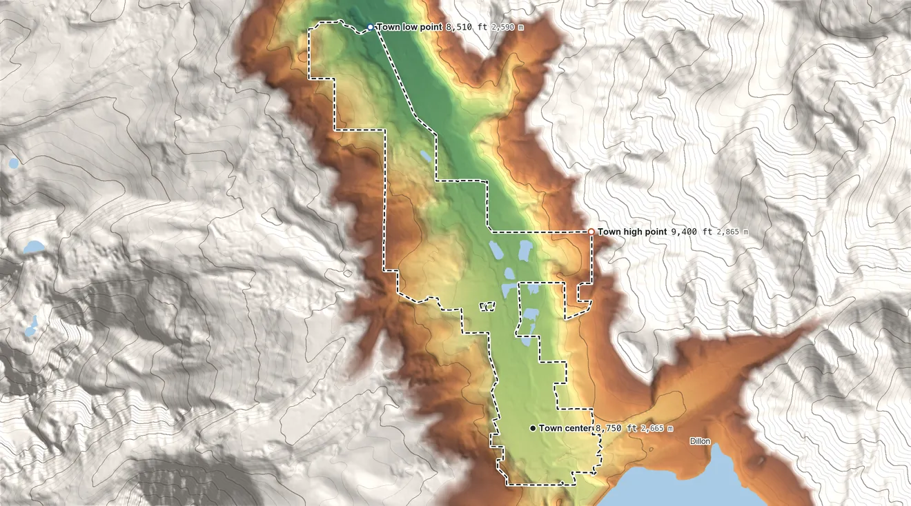 Topographic elevation map of Silverthorne, Colorado, shaded from 8,510 ft on the north side to 9,400 ft at the foot of the Williams Fork Mountains