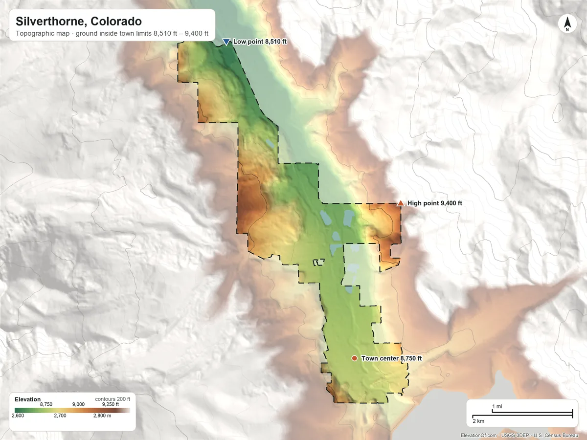 Topographic elevation map of Silverthorne, Colorado, shaded from 8,510 ft on the north side to 9,400 ft at the foot of the Williams Fork Mountains