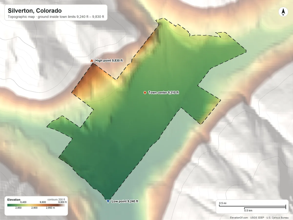 Topographic elevation map of Silverton, Colorado, shaded from 9,240 ft on the south side to 9,830 ft at the foot of the West Needle Mountains