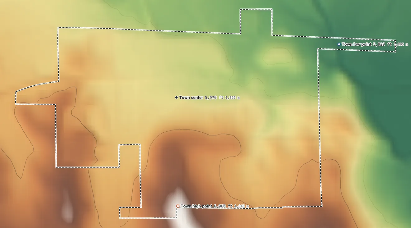 Topographic elevation map of Simla, Colorado, shaded from 5,920 ft on the east side to 6,060 ft on the south side
