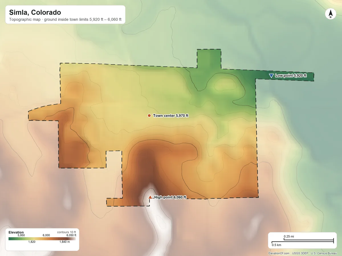 Topographic elevation map of Simla, Colorado, shaded from 5,920 ft on the east side to 6,060 ft on the south side