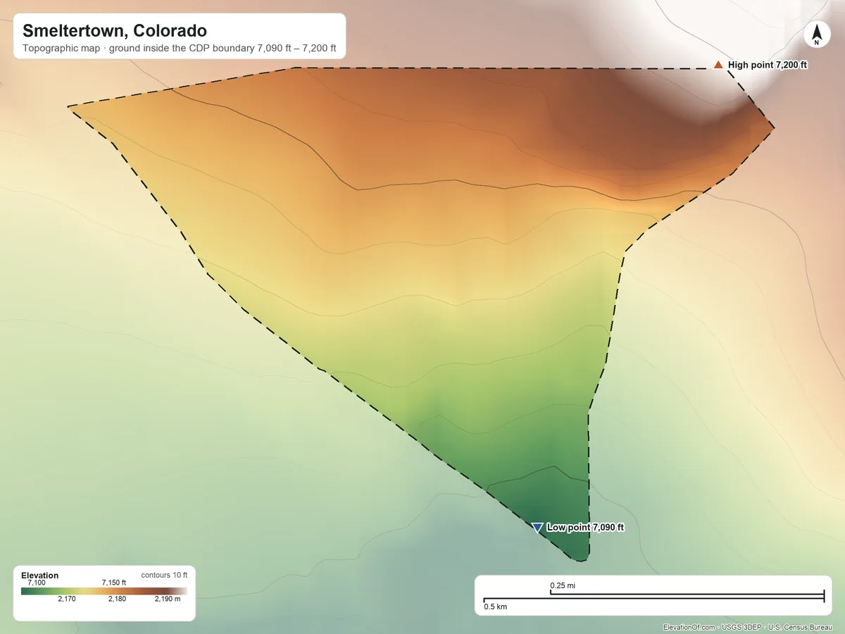 Topographic elevation map of Smeltertown, Colorado, shaded from 7,090 ft on the southeast side to 7,200 ft on the northeast edge, below higher ground just outside