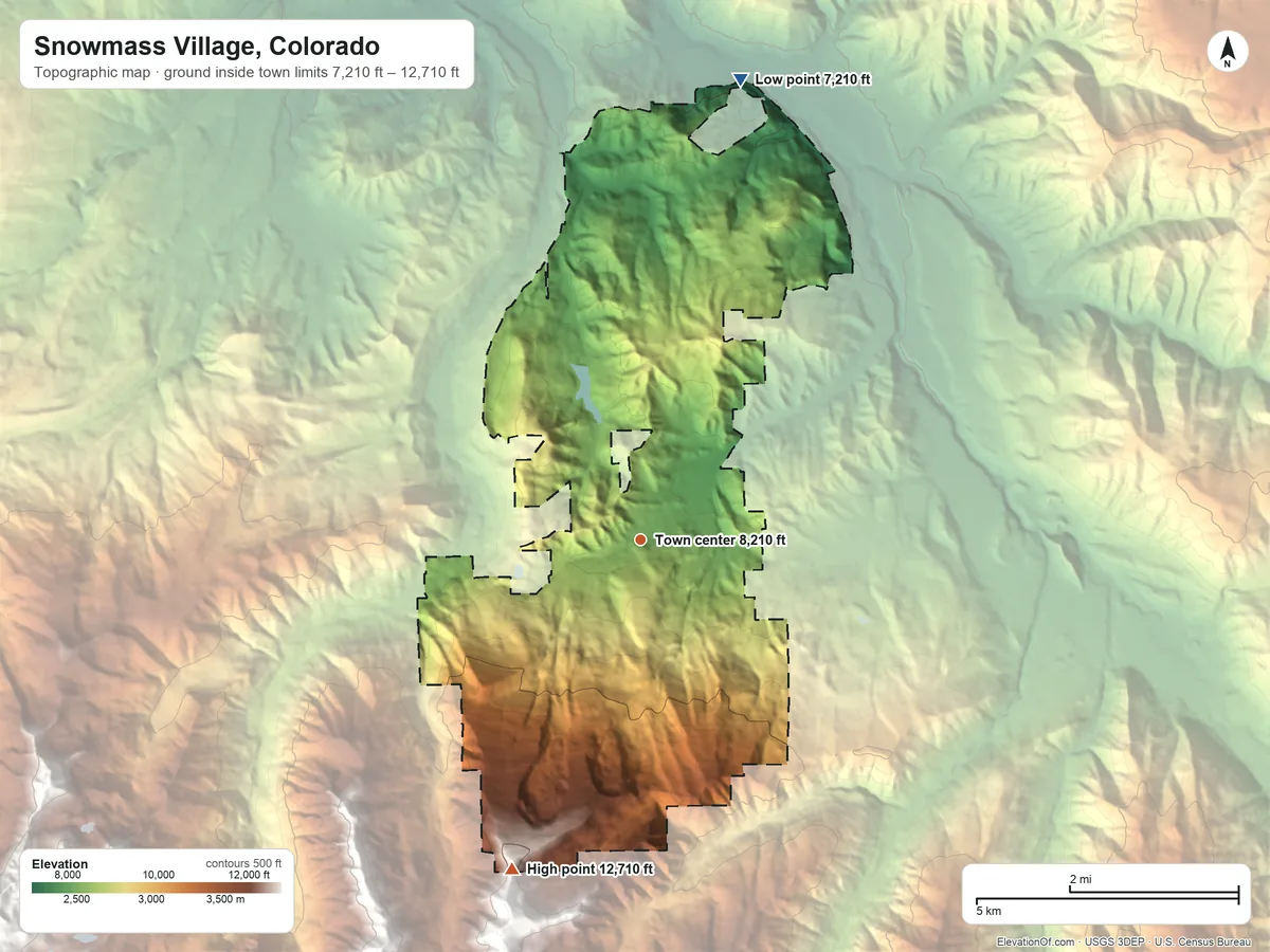 Topographic elevation map of Snowmass Village, Colorado, shaded from 7,210 ft on the north side to 12,710 ft at the foot of the Elk Mountains
