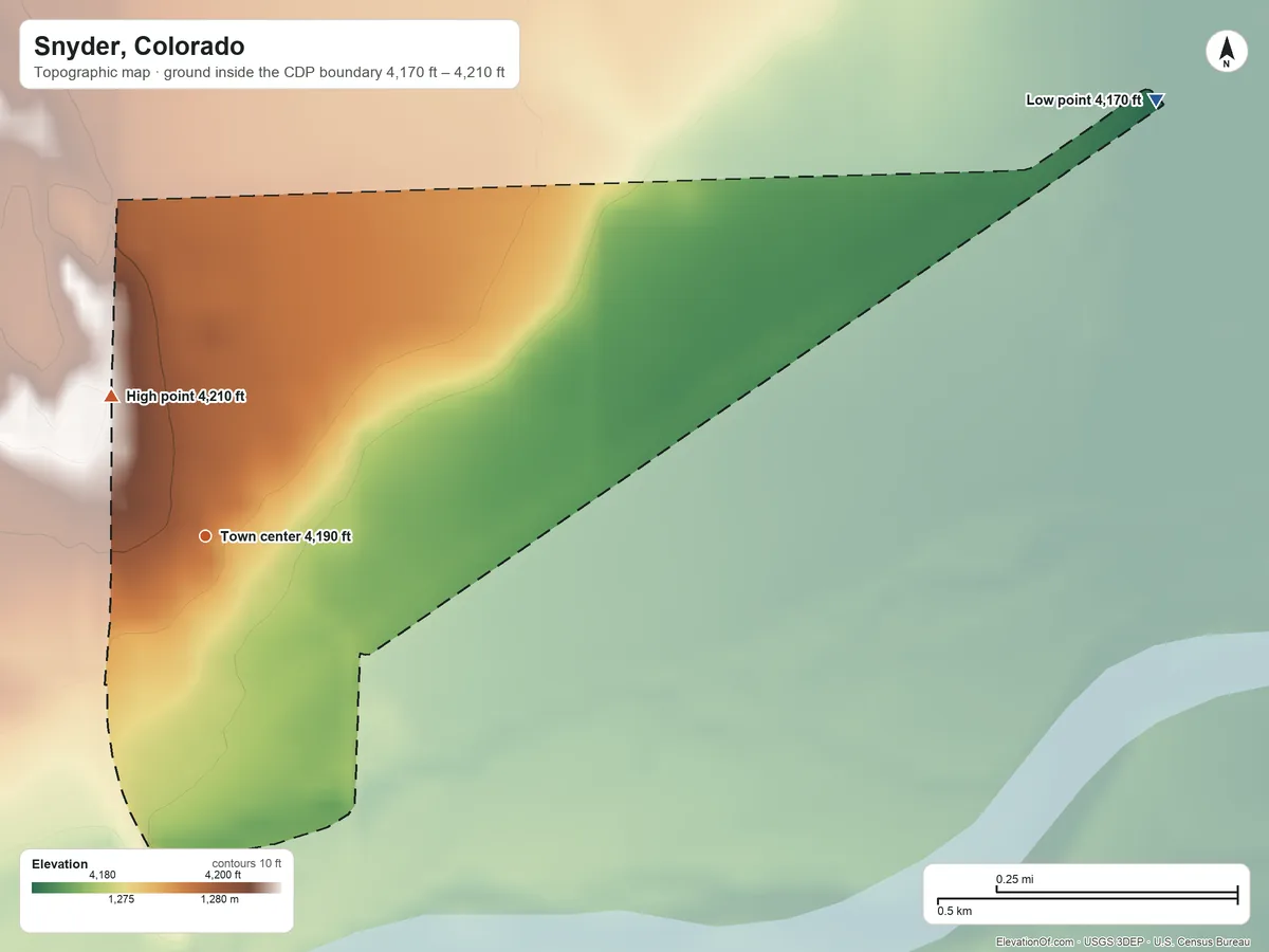 Topographic elevation map of Snyder, Colorado, shaded from 4,170 ft on the northeast side to 4,210 ft on the northwest side