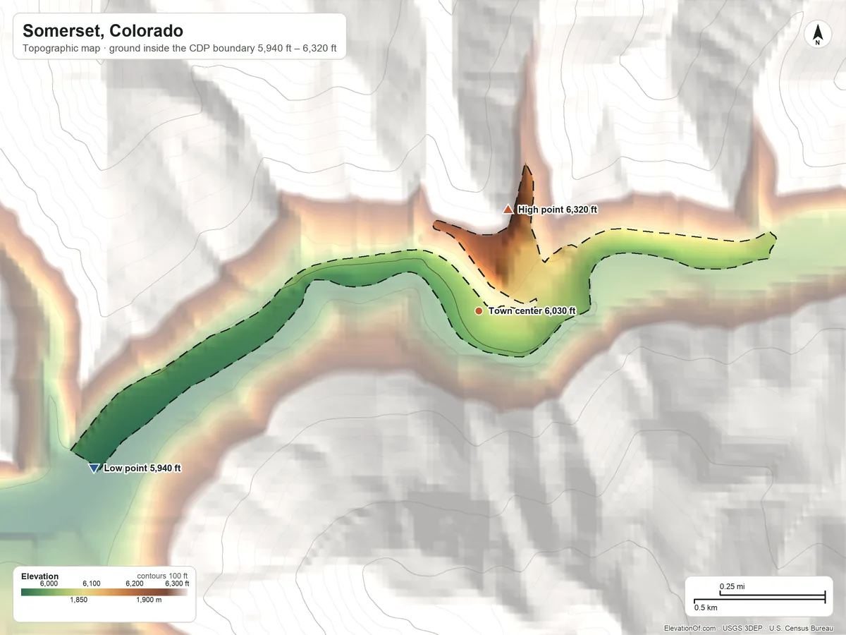 Topographic elevation map of Somerset, Colorado, shaded from 5,940 ft on the west side to 6,320 ft on the north edge, below higher ground just outside
