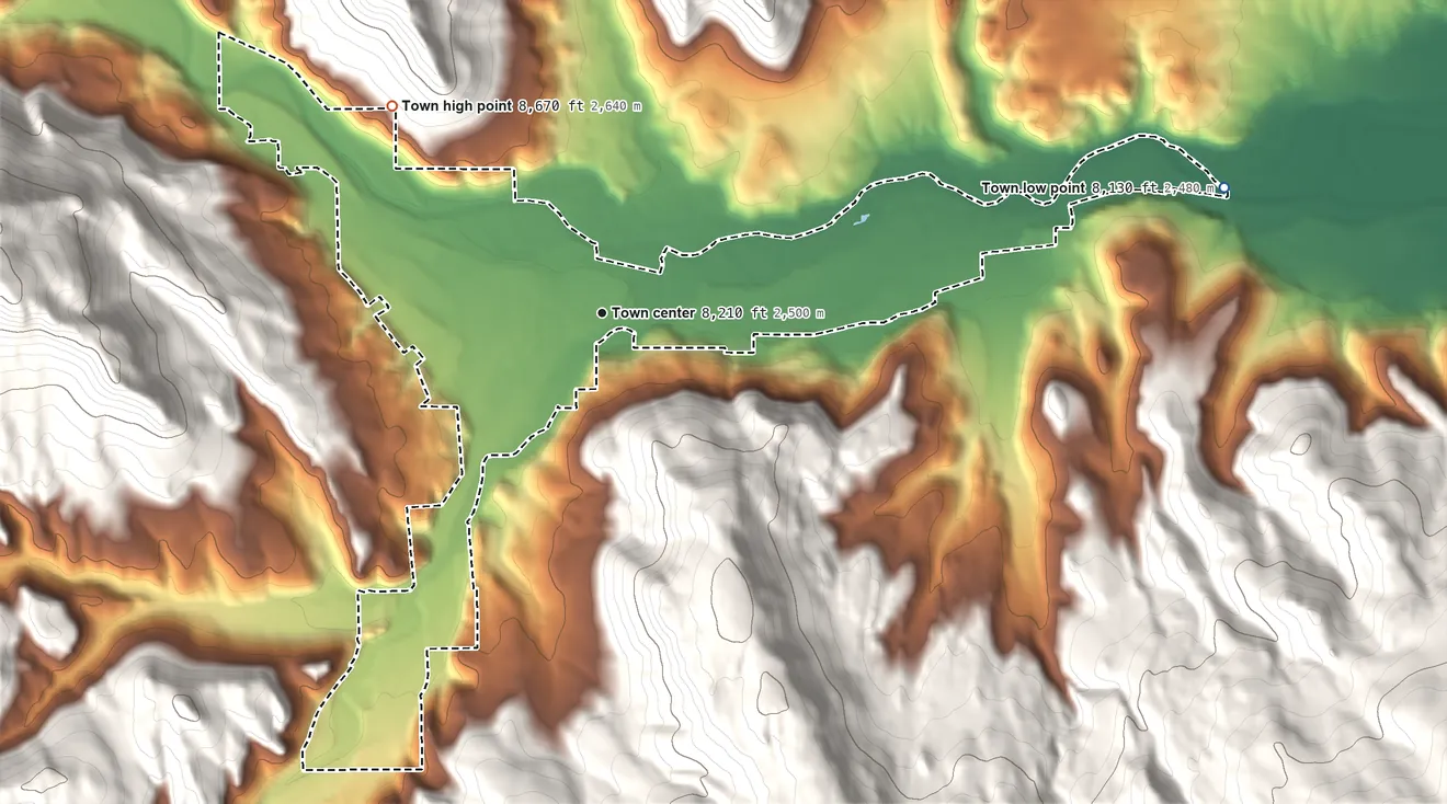 Topographic elevation map of South Fork, Colorado, shaded from 8,130 ft on the east side to 8,670 ft on the northwest edge, below higher ground just outside