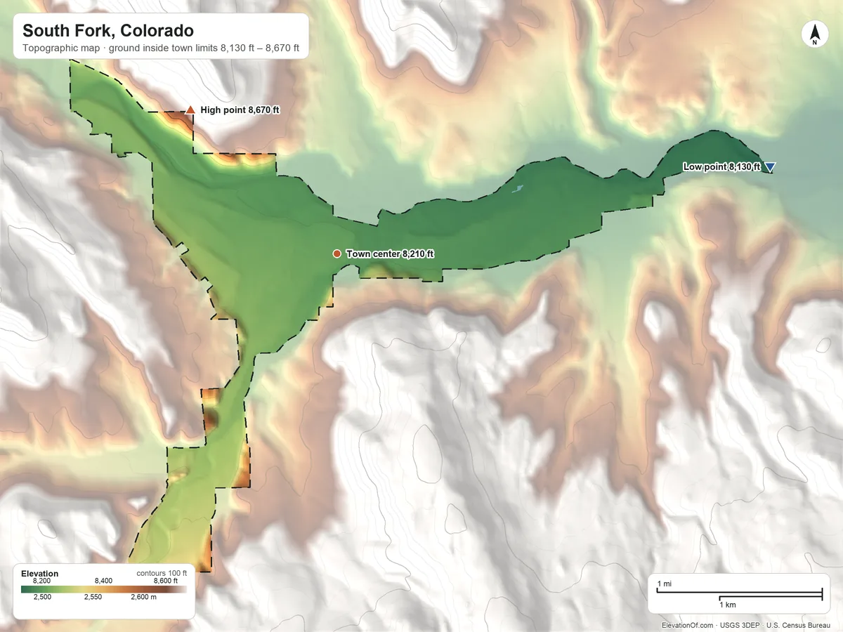 Topographic elevation map of South Fork, Colorado, shaded from 8,130 ft on the east side to 8,670 ft on the northwest edge, below higher ground just outside