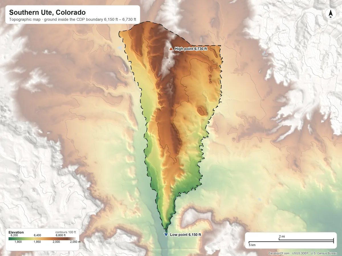 Topographic elevation map of Southern Ute, Colorado, shaded from 6,150 ft on the south side to 6,730 ft near the middle