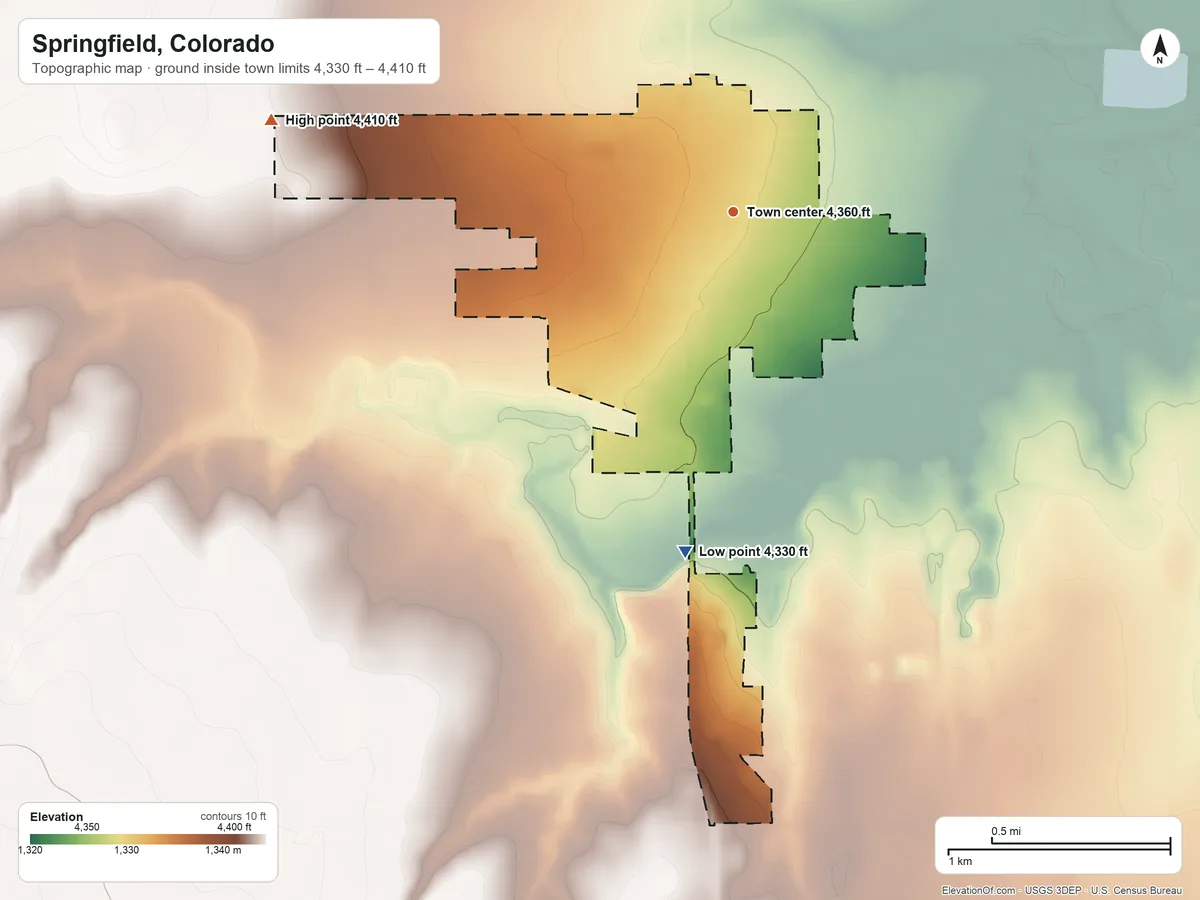 Topographic elevation map of Springfield, Colorado, shaded from 4,330 ft on the south side to 4,410 ft on the west side