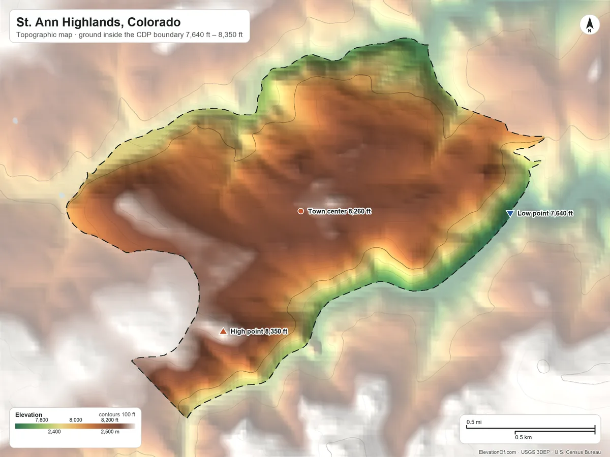 Topographic elevation map of St. Ann Highlands, Colorado, shaded from 7,640 ft on the east side to 8,350 ft at the foot of the Indian Peaks