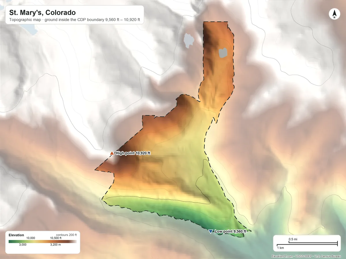 Topographic elevation map of St. Mary's, Colorado, shaded from 9,560 ft on the south side to 10,920 ft at the foot of the Indian Peaks