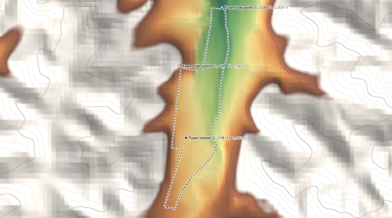 Topographic elevation map of Starkville, Colorado, shaded from 6,310 ft on the north side to 6,440 ft on the north edge, below higher ground just outside