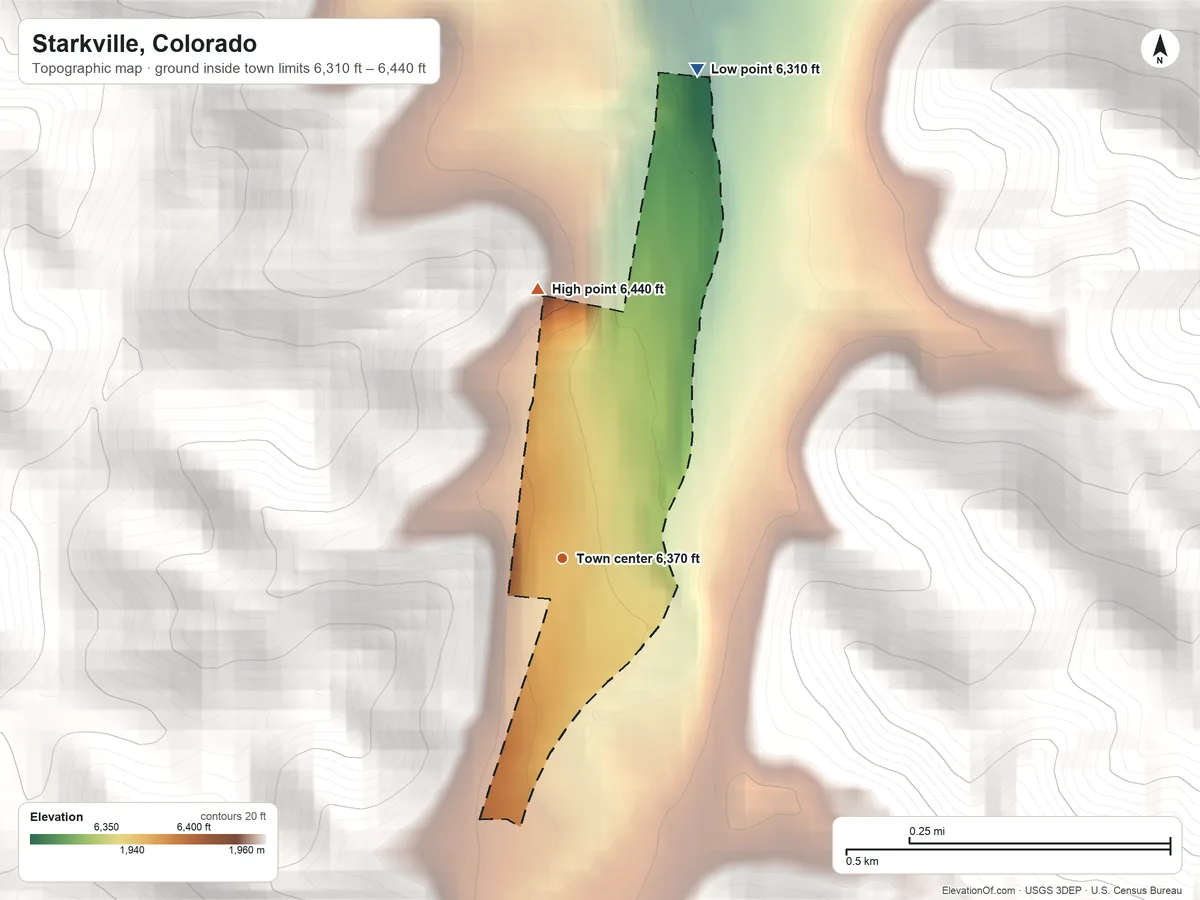 Topographic elevation map of Starkville, Colorado, shaded from 6,310 ft on the north side to 6,440 ft on the north edge, below higher ground just outside