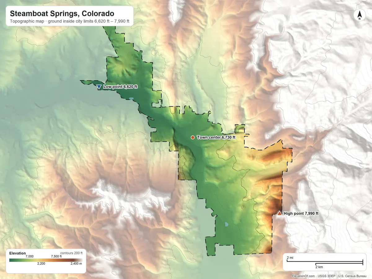 Topographic elevation map of Steamboat Springs, Colorado, shaded from 6,620 ft on the northwest side to 7,990 ft on the southeast edge, below higher ground just outside