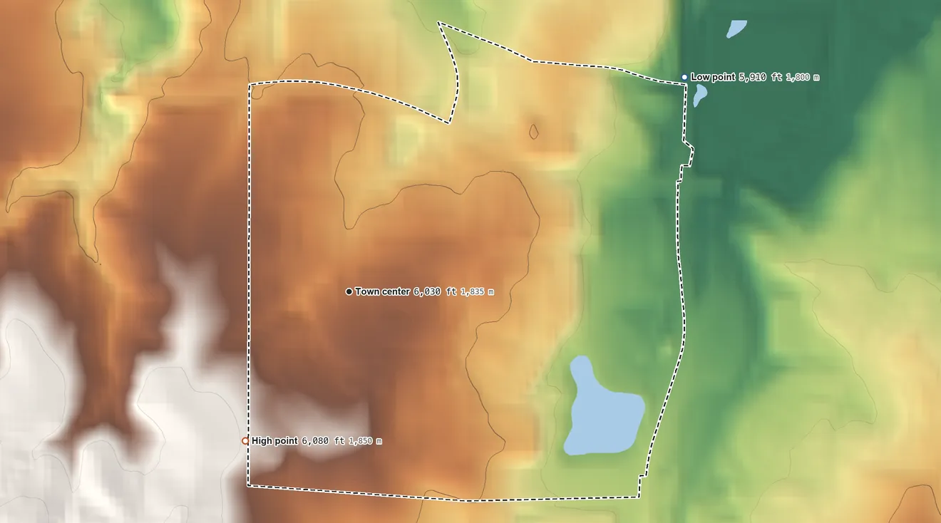 Topographic elevation map of Stepping Stone, Colorado, shaded from 5,910 ft on the northeast side to 6,080 ft on the southwest side