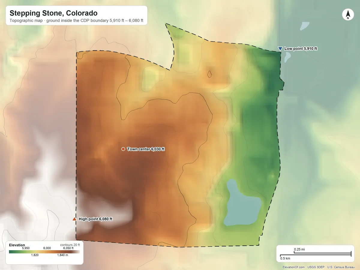 Topographic elevation map of Stepping Stone, Colorado, shaded from 5,910 ft on the northeast side to 6,080 ft on the southwest side