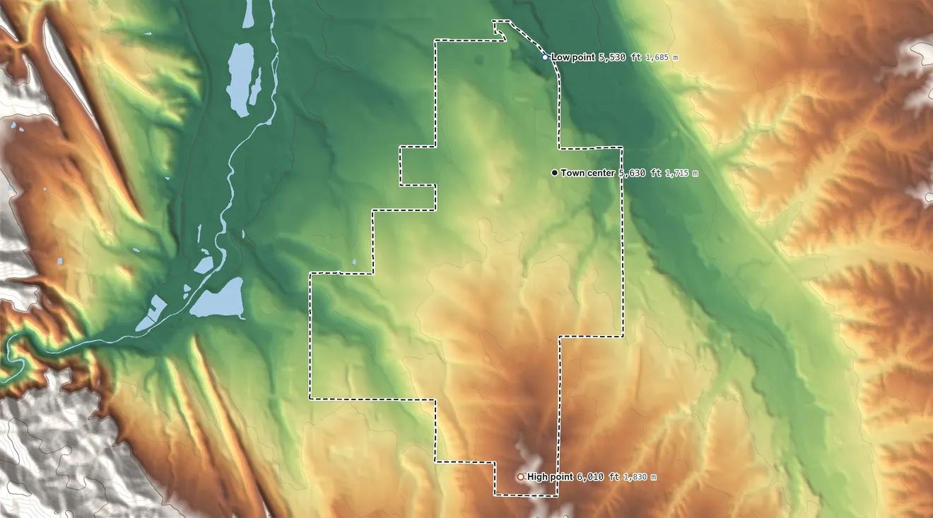 Topographic elevation map of Sterling Ranch, Colorado, shaded from 5,530 ft on the north side to 6,010 ft on the south side