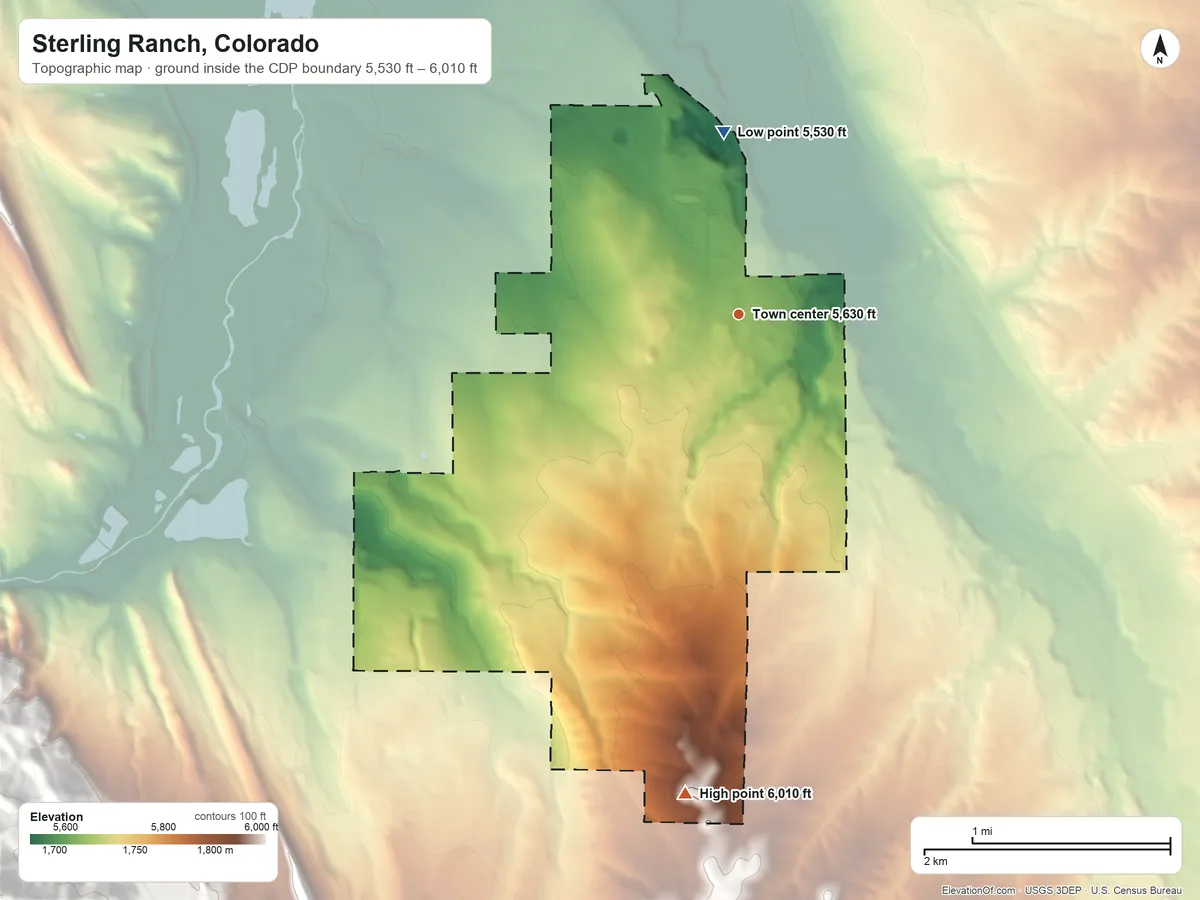 Topographic elevation map of Sterling Ranch, Colorado, shaded from 5,530 ft on the north side to 6,010 ft on the south side