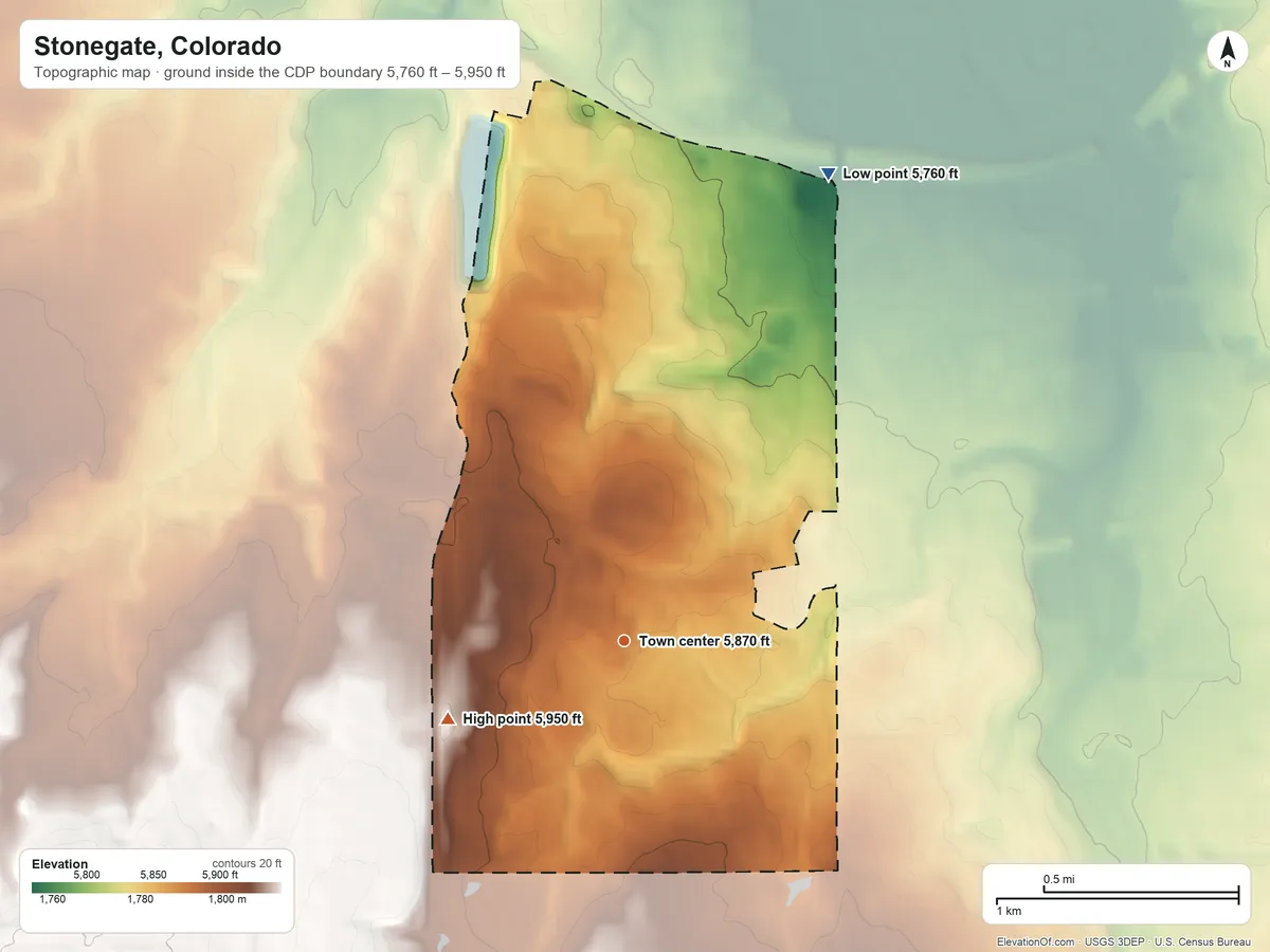 Topographic elevation map of Stonegate, Colorado, shaded from 5,760 ft on the northeast side to 5,950 ft on the southwest side