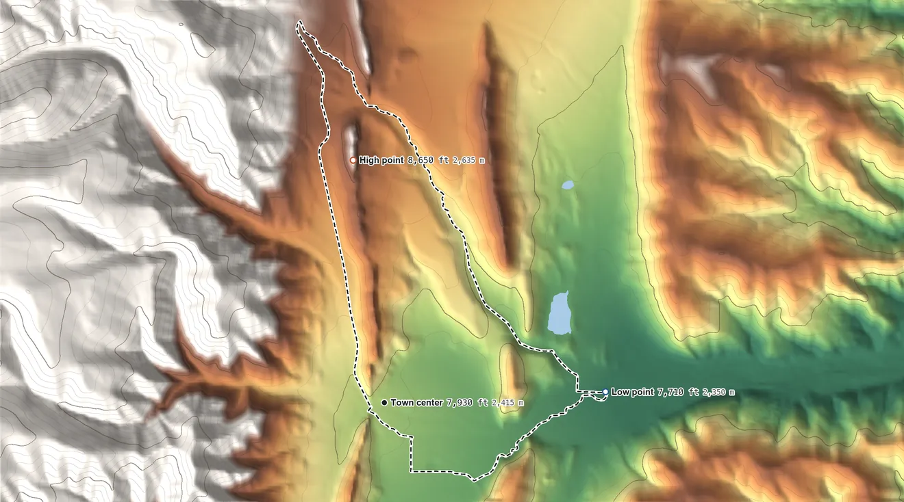 Topographic elevation map of Stonewall Gap, Colorado, shaded from 7,710 ft on the east side to 8,650 ft at the foot of the Ute Hills