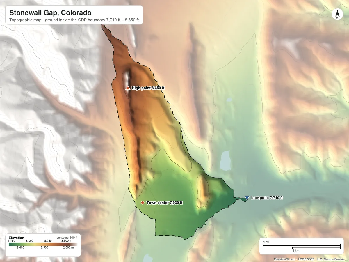 Topographic elevation map of Stonewall Gap, Colorado, shaded from 7,710 ft on the east side to 8,650 ft at the foot of the Ute Hills
