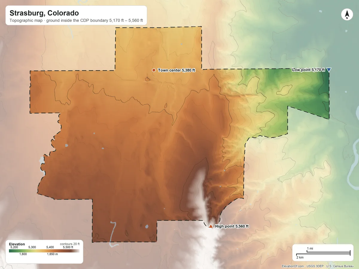 Topographic elevation map of Strasburg, Colorado, shaded from 5,170 ft on the east side to 5,560 ft on the south side