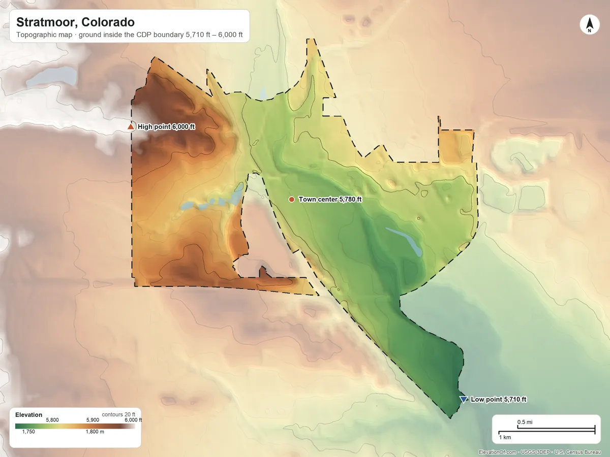 Topographic elevation map of Stratmoor, Colorado, shaded from 5,710 ft on the southeast side to 6,000 ft on the northwest side