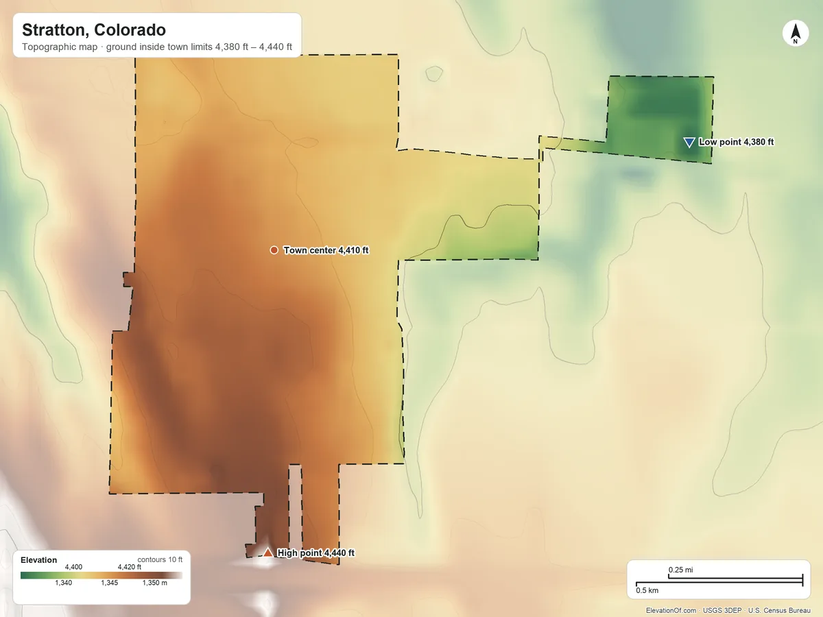 Topographic elevation map of Stratton, Colorado, shaded from 4,380 ft on the east side to 4,440 ft on the south side