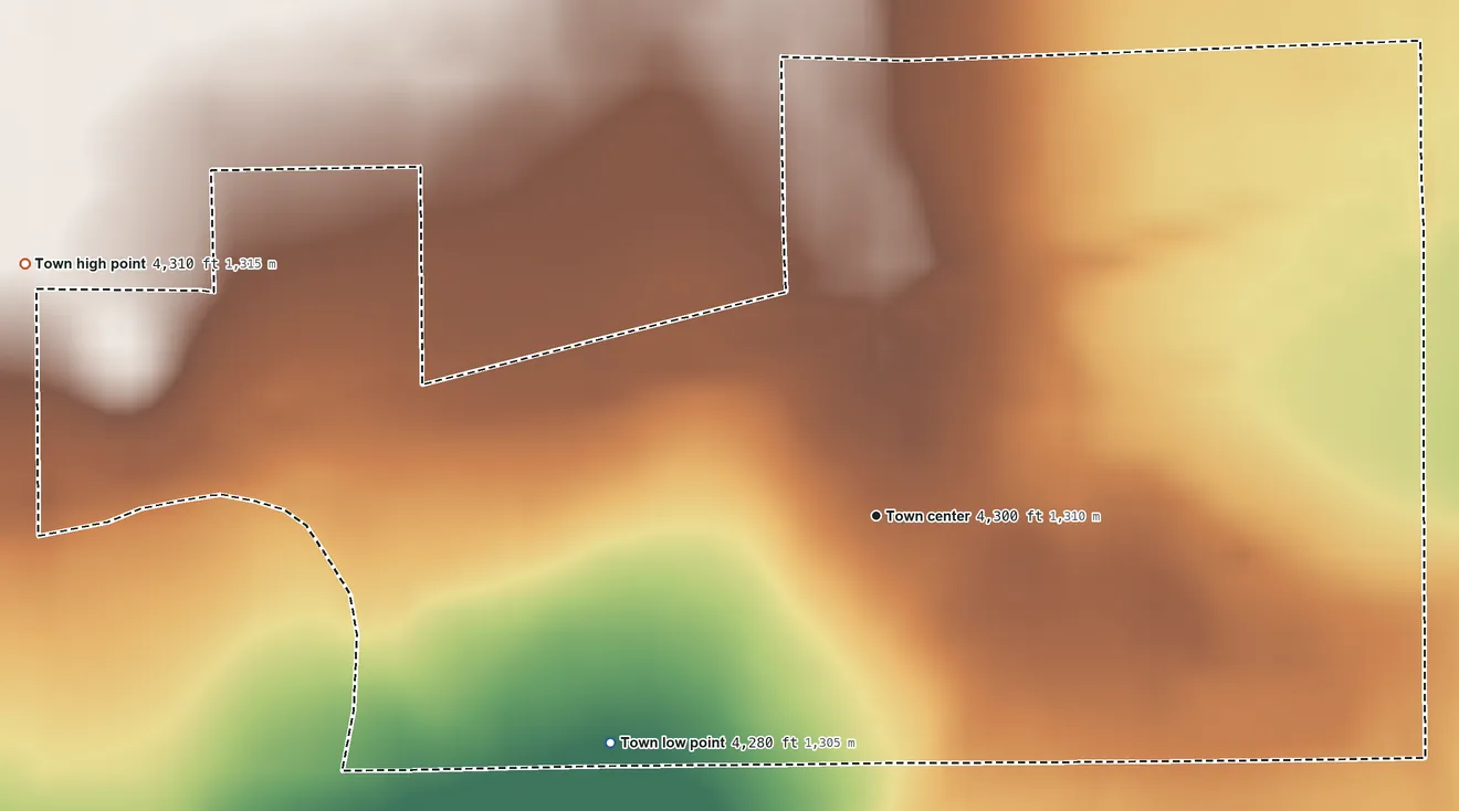 Topographic elevation map of Sugar City, Colorado, shaded from 4,280 ft on the southwest side to 4,310 ft on the west side