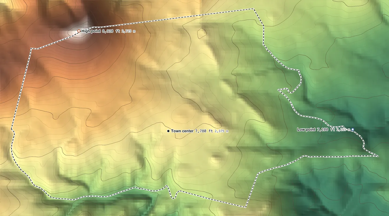 Topographic elevation map of Sugarloaf, Colorado, shaded from 7,100 ft on the east side to 8,910 ft on the northwest edge, below higher ground just outside