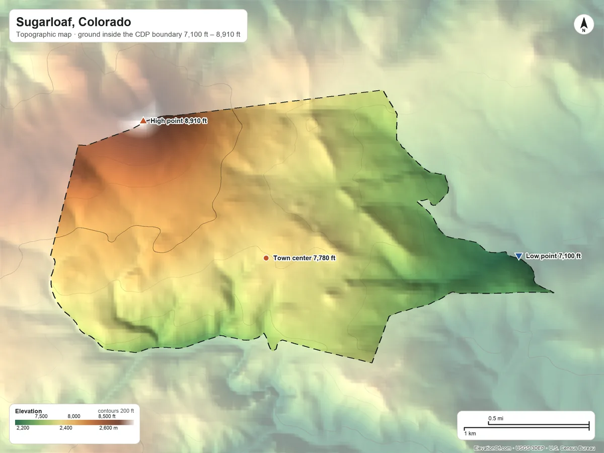 Topographic elevation map of Sugarloaf, Colorado, shaded from 7,100 ft on the east side to 8,910 ft on the northwest edge, below higher ground just outside