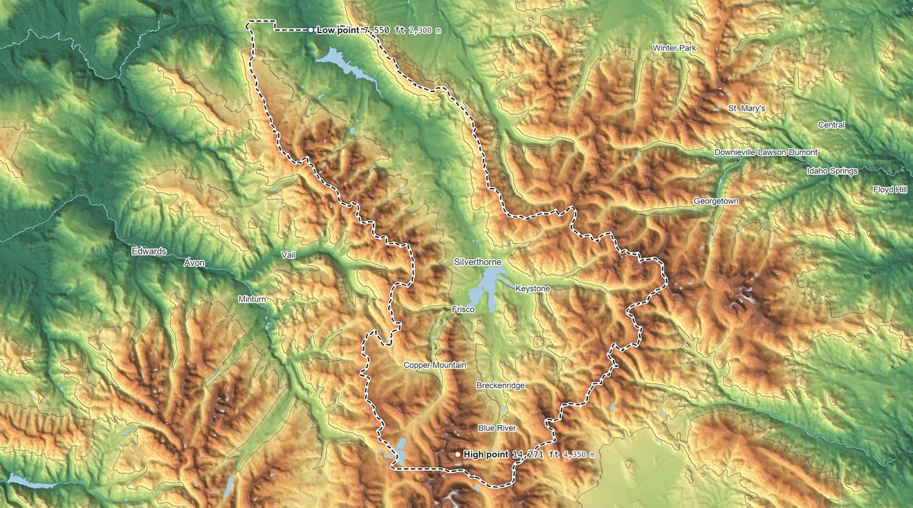Topographic elevation map of Summit County, Colorado, shaded from 7,550 ft on the northwest side to 14,271 ft on Quandary Peak