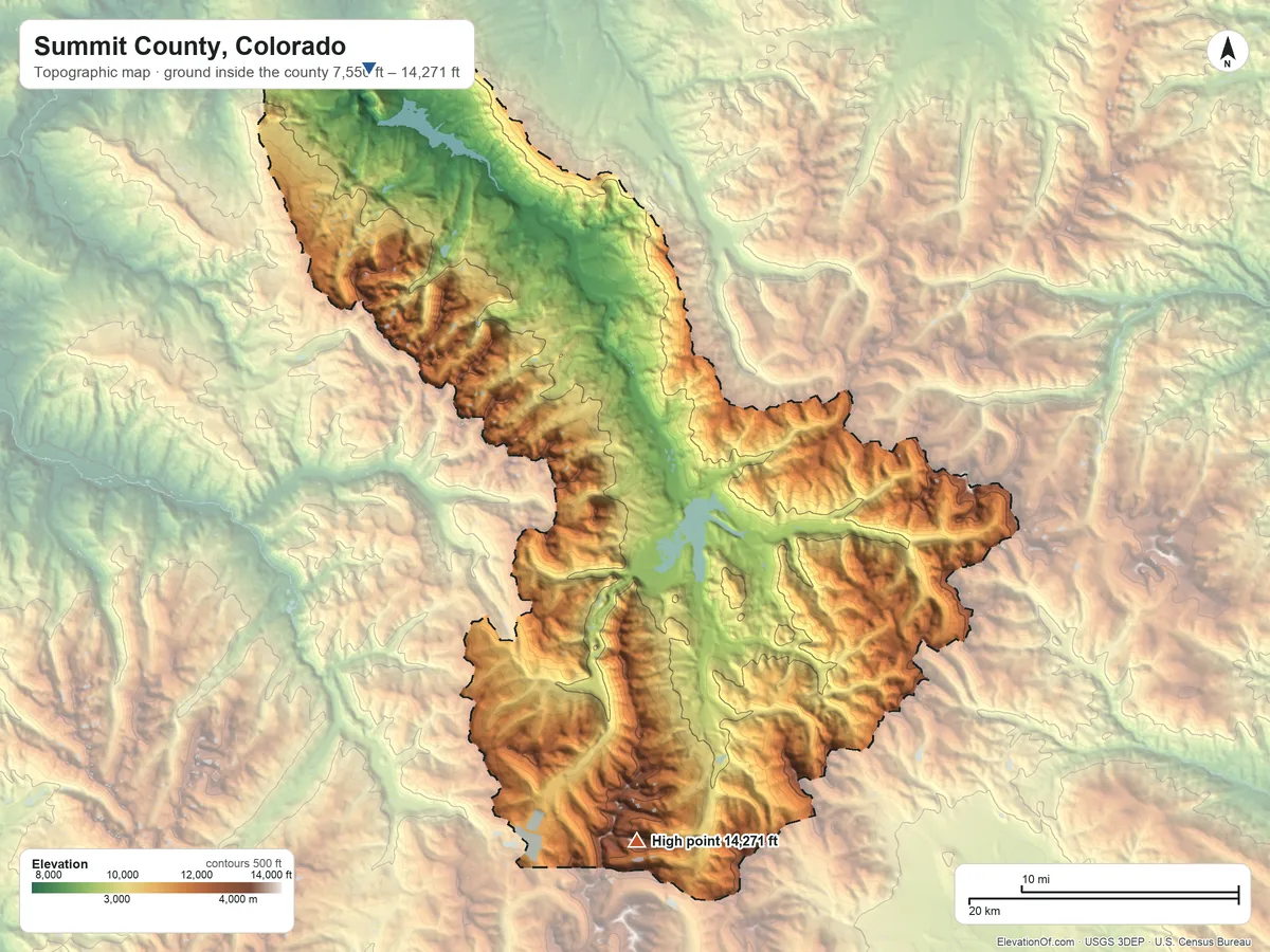 Topographic elevation map of Summit County, Colorado, shaded from 7,550 ft on the northwest side to 14,271 ft on Quandary Peak