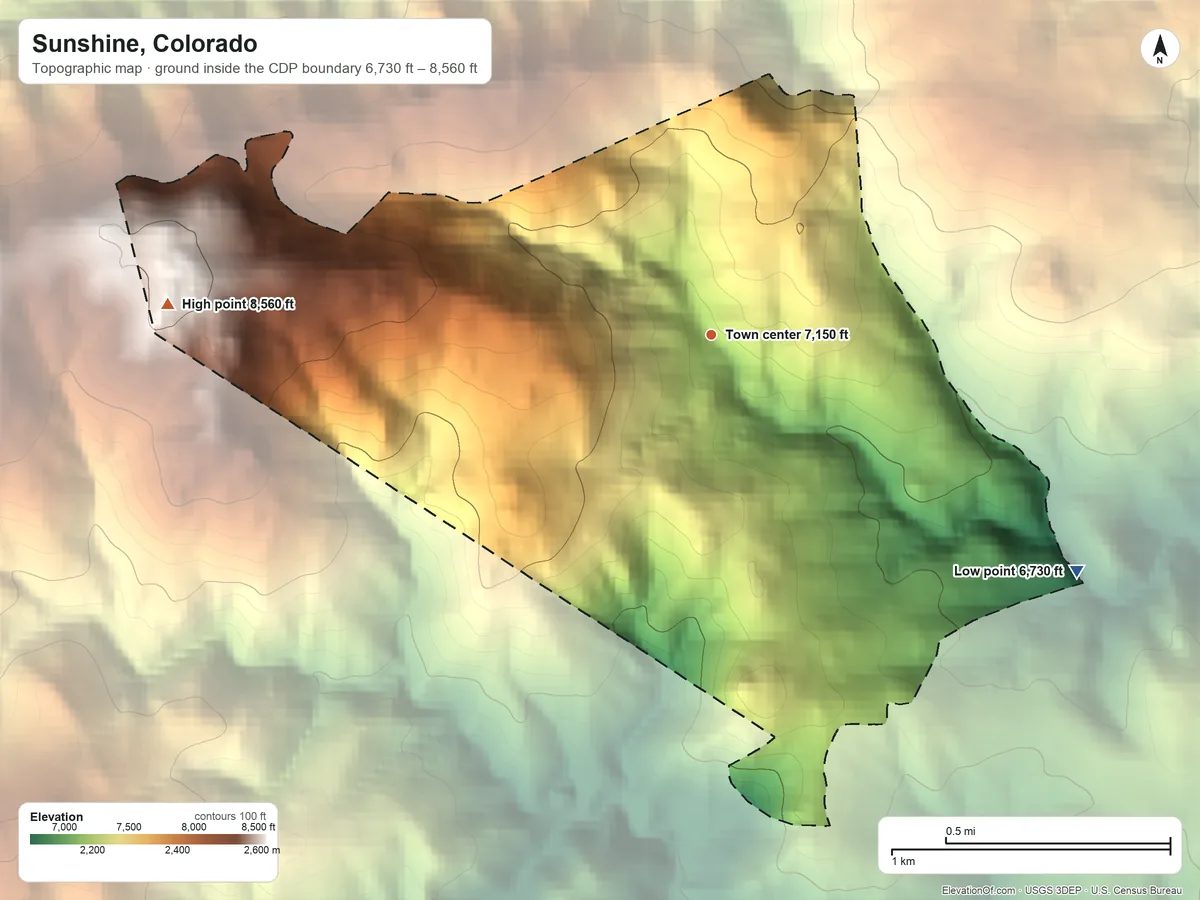Topographic elevation map of Sunshine, Colorado, shaded from 6,730 ft on the southeast side to 8,560 ft on Bighorn Mountain