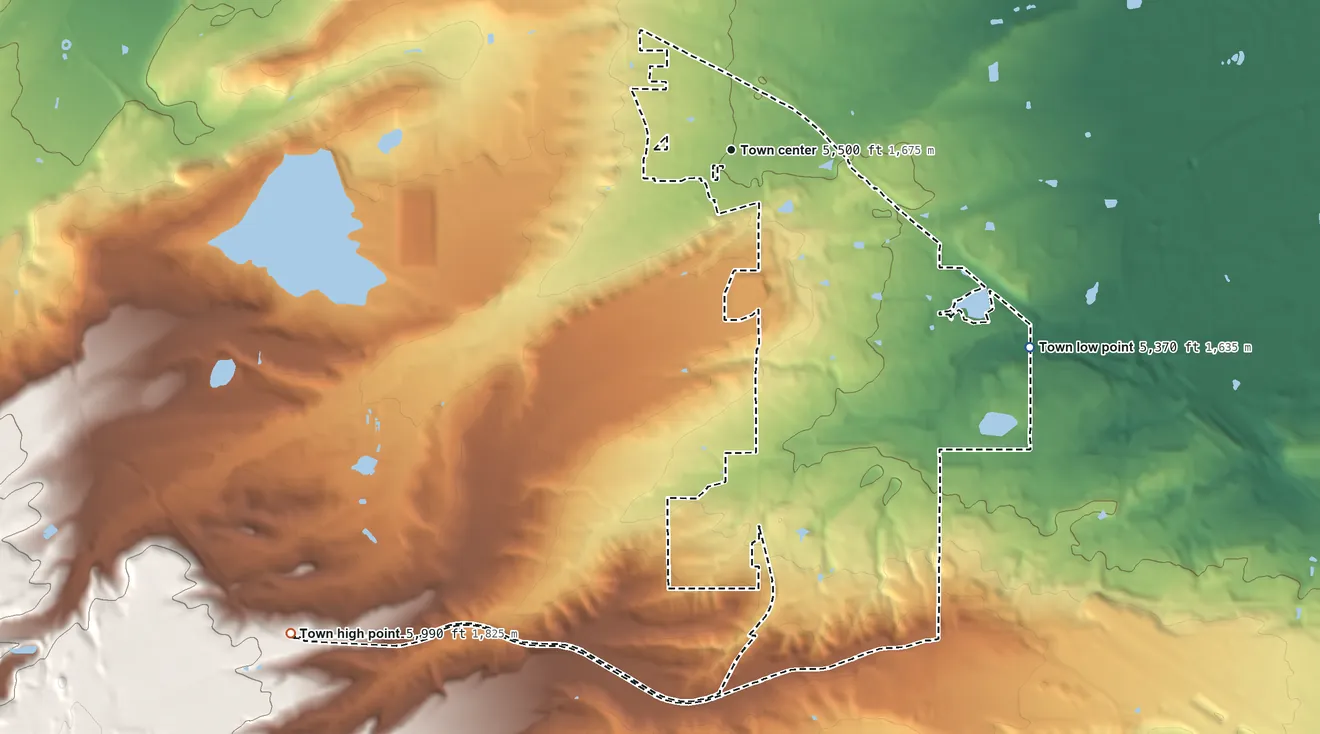 Topographic elevation map of Superior, Colorado, shaded from 5,370 ft on the southeast side to 5,990 ft on the southwest side